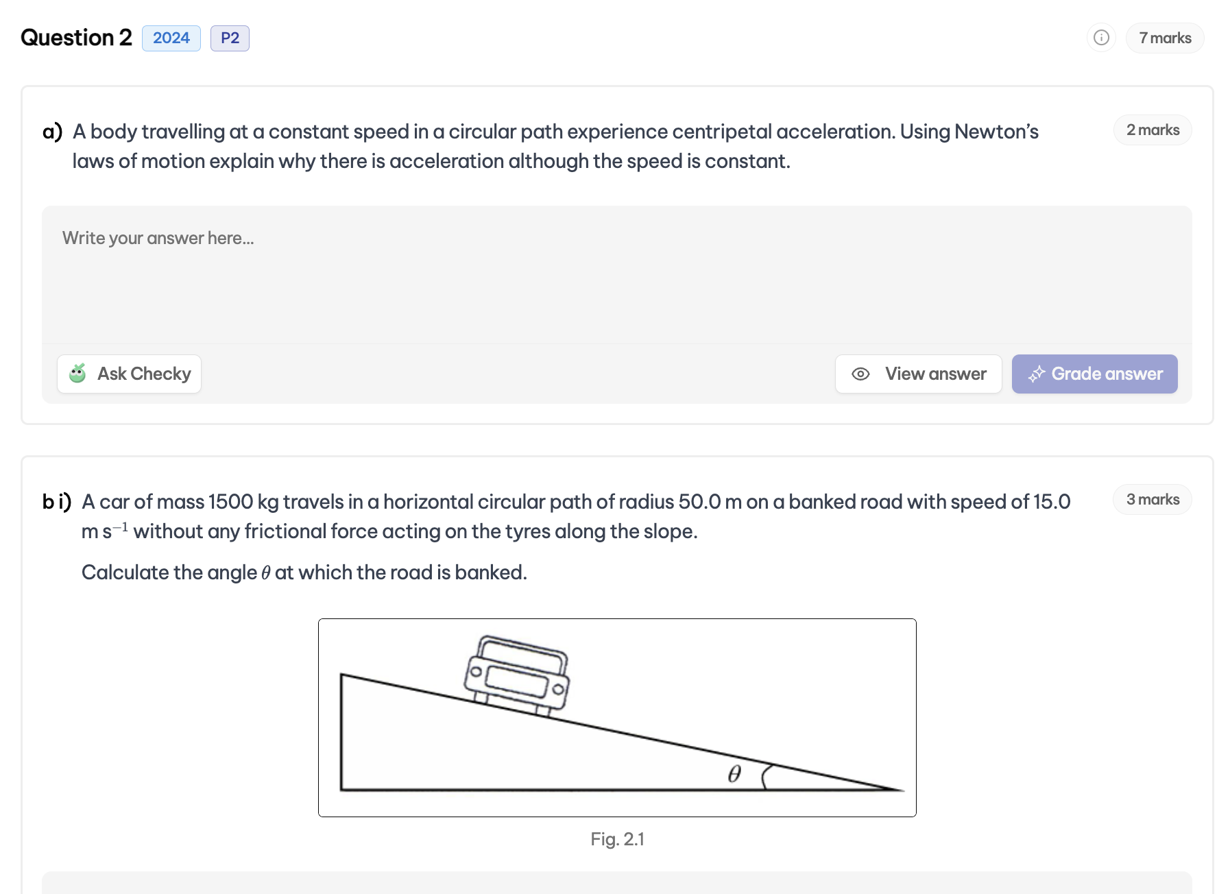 Physics questions interface
